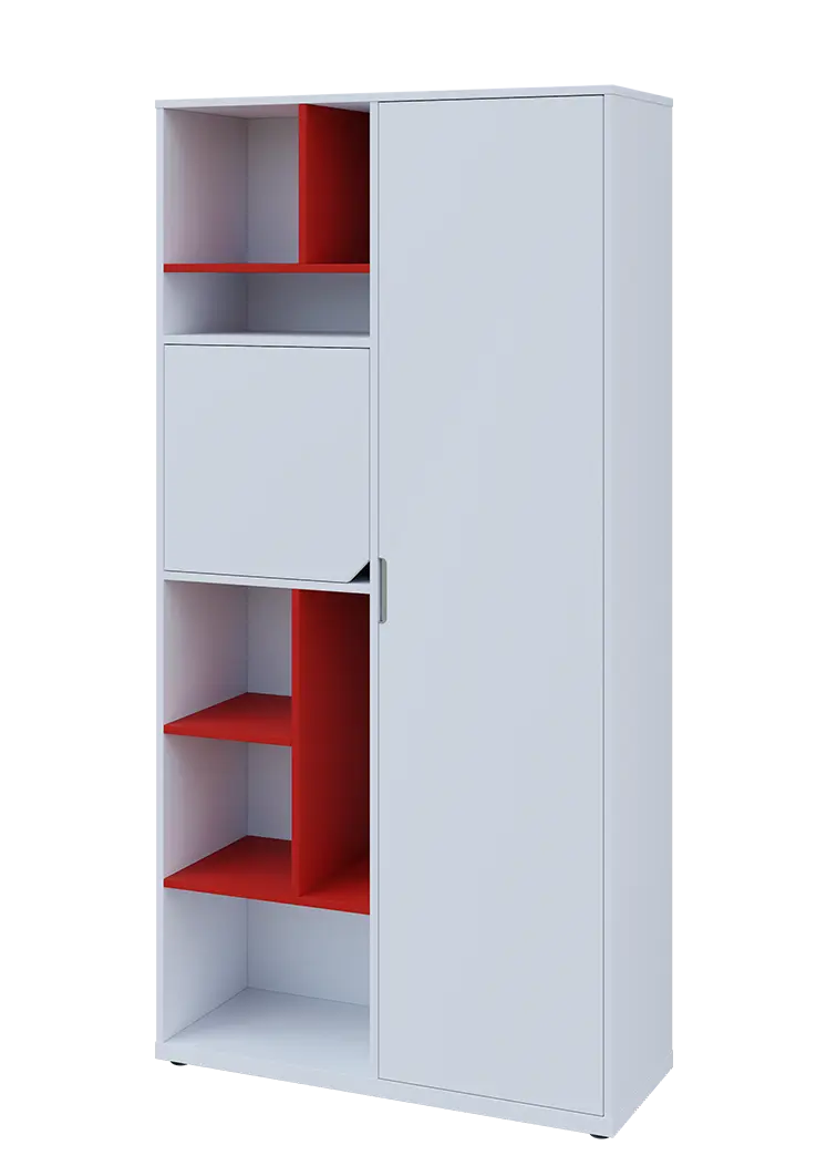 KSR6-83 P skříň šatní, 1x výsuvné ramínko, dvířka, niky, 2053x1022x400 mm, provedení pravé, korpus a dvířka bílá sněžná/police červená